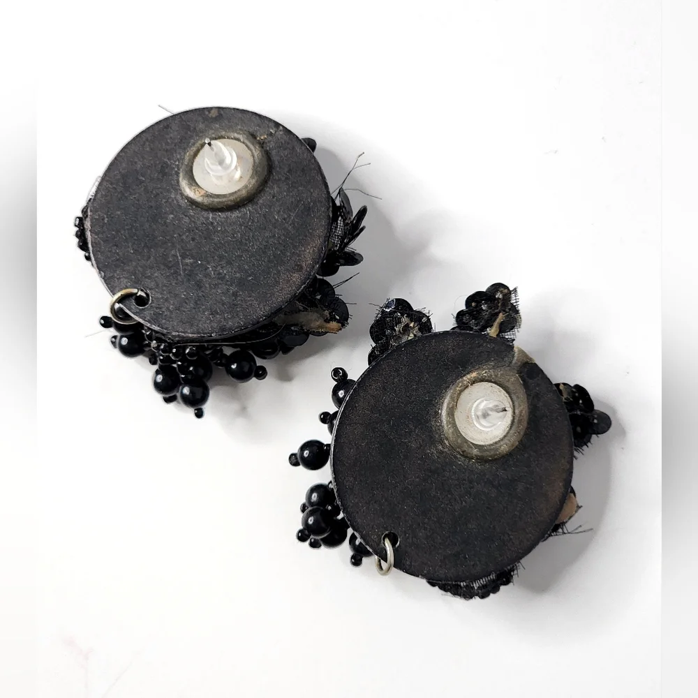 Vintage 80's Black Beaded Big Applique Earrings